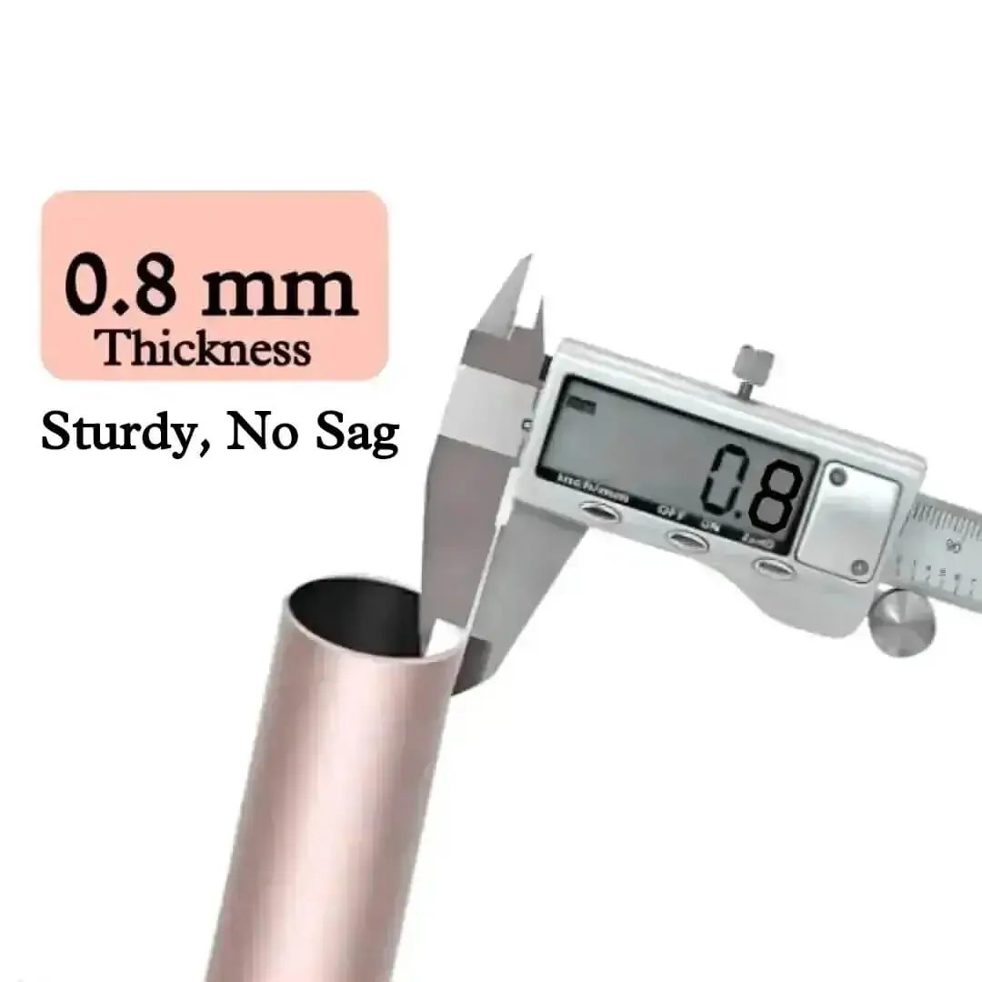 0.8 mm rose gold curtain pipe Close-up of metal curtain rod pole with highlighted text: '0.8mm thickness, sturdy and nos sag' - showcasing durable construction for long-lasting performance