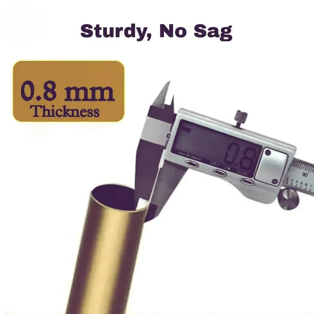 0.8-mm thick bronze curtain rod Close-up of metal curtain rod pole with highlighted text: '0.8mm thickness, sturdy and nos sag' - showcasing durable construction for long-lasting performance
