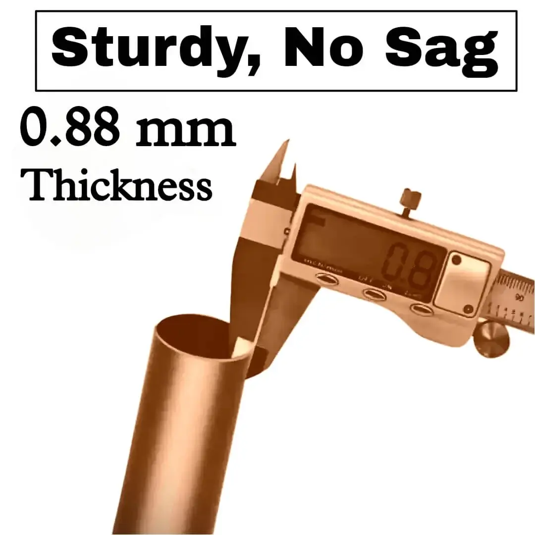 copper finish curtain pipe Close-up of copper finish metal curtain rod pole with highlighted text: '0.8mm thickness, sturdy and no sag' - showcasing durable construction for long-lasting performance