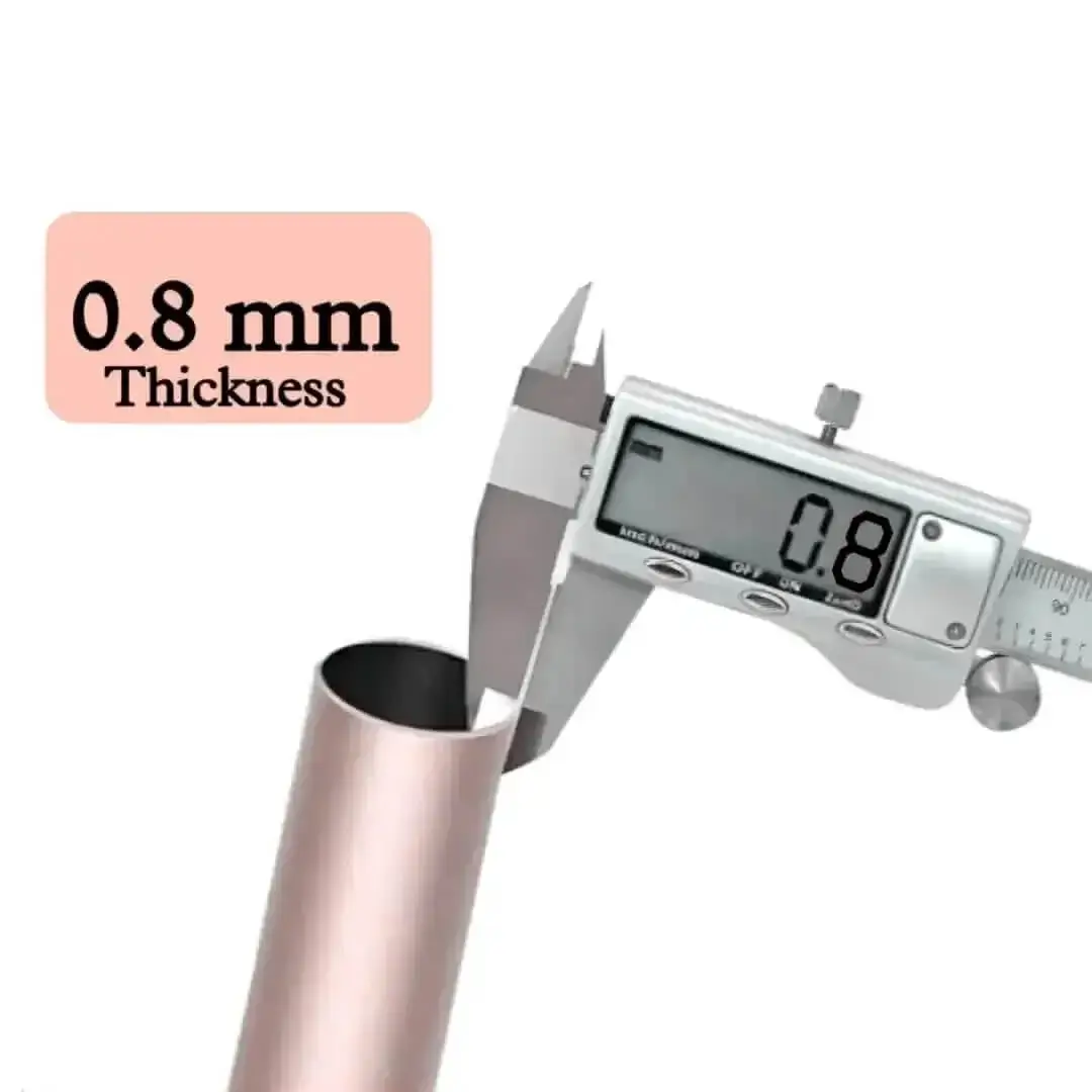 0.8-mm-thick-curtain-pole.webp Close-up of metal curtain rod pole with highlighted text: '0.8mm thickness, sturdy and nos sag' - showcasing durable construction for long-lasting performance