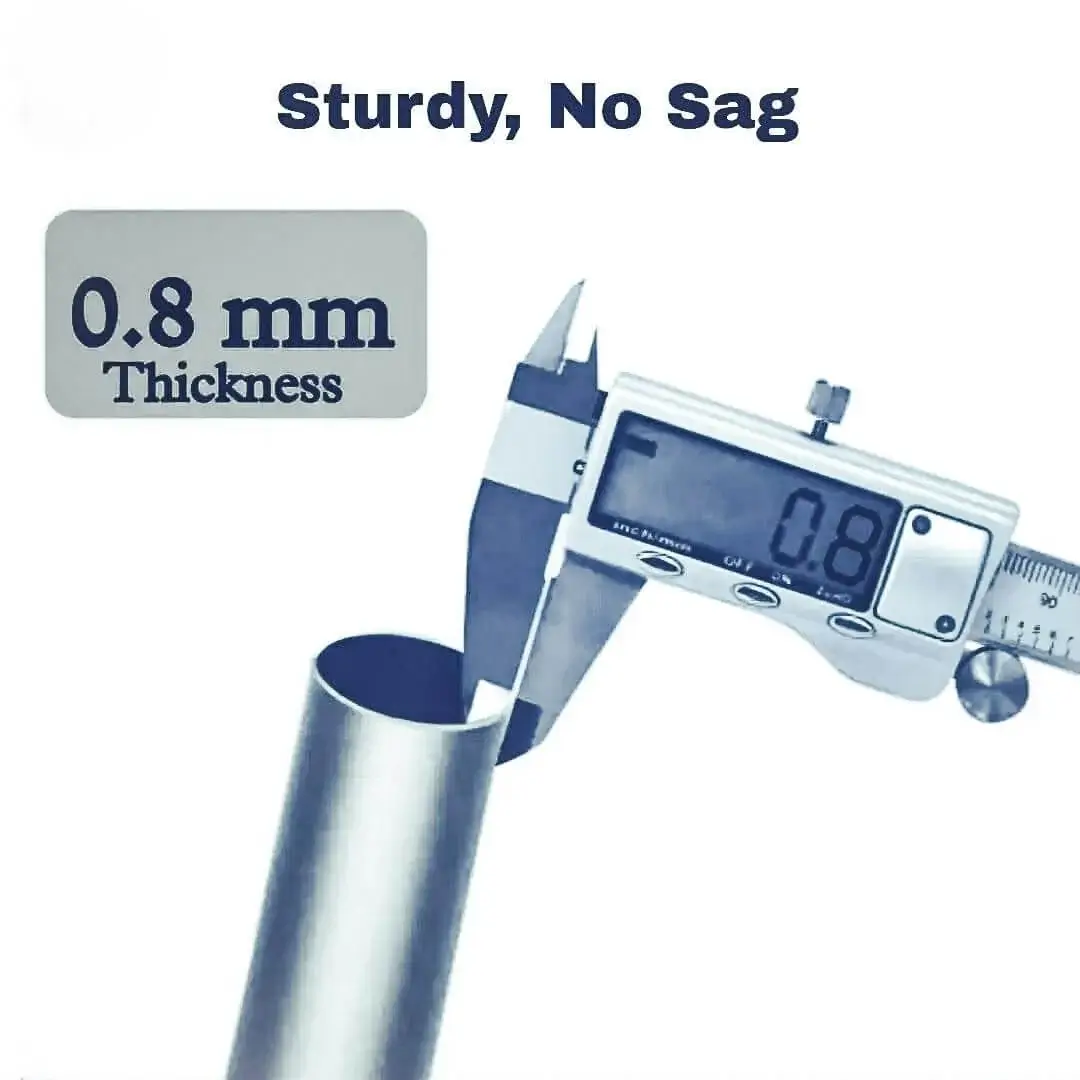 0.8 mm thick curtain rod Close-up of grey colour metal curtain pole with highlighted text: '0.8mm thickness, sturdy and no sag' - showcasing durable construction for long-lasting performance