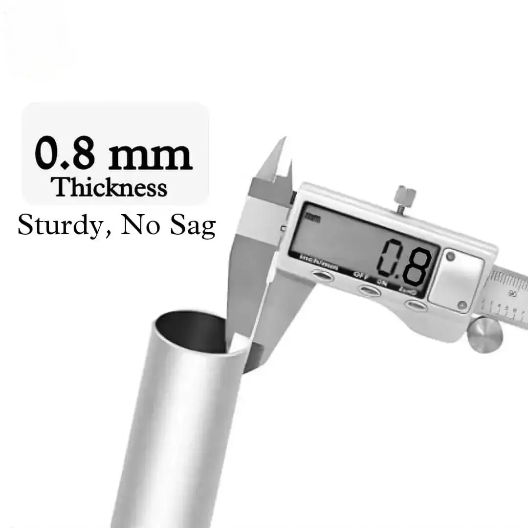 0.8 mm thick curtain pole Close-up of metal curtain rod pole with highlighted text: '0.8mm thickness, sturdy and nos sag' - showcasing durable construction for long-lasting performance