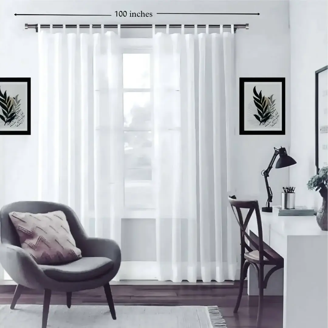 8 ft extendable curtain rod 8 ft extendable curtain pole - Stylish living room with flowing sheer curtains on a grey colour adjustable curtain rod 8 feet set, paired with a single seater, and a table —creating a chic, inviting ambiance. Text highlight '8 feet'