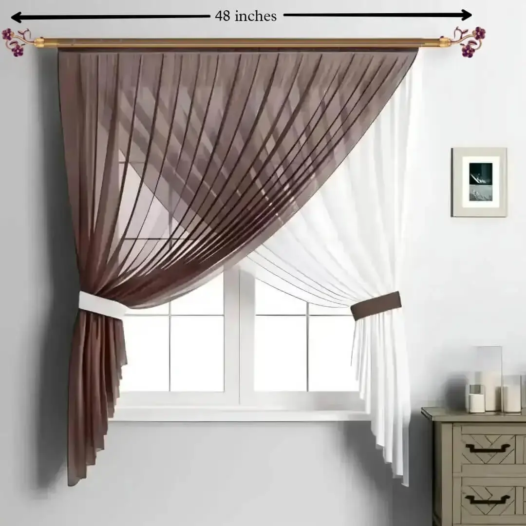 48 inch curtain pole 48 inch curtain rod - Elegant sheer curtains hanging from a small 48-inch gold curtain rod, perfectly fitted for a compact apartment window. Ideal for small spaces and cozy interiors