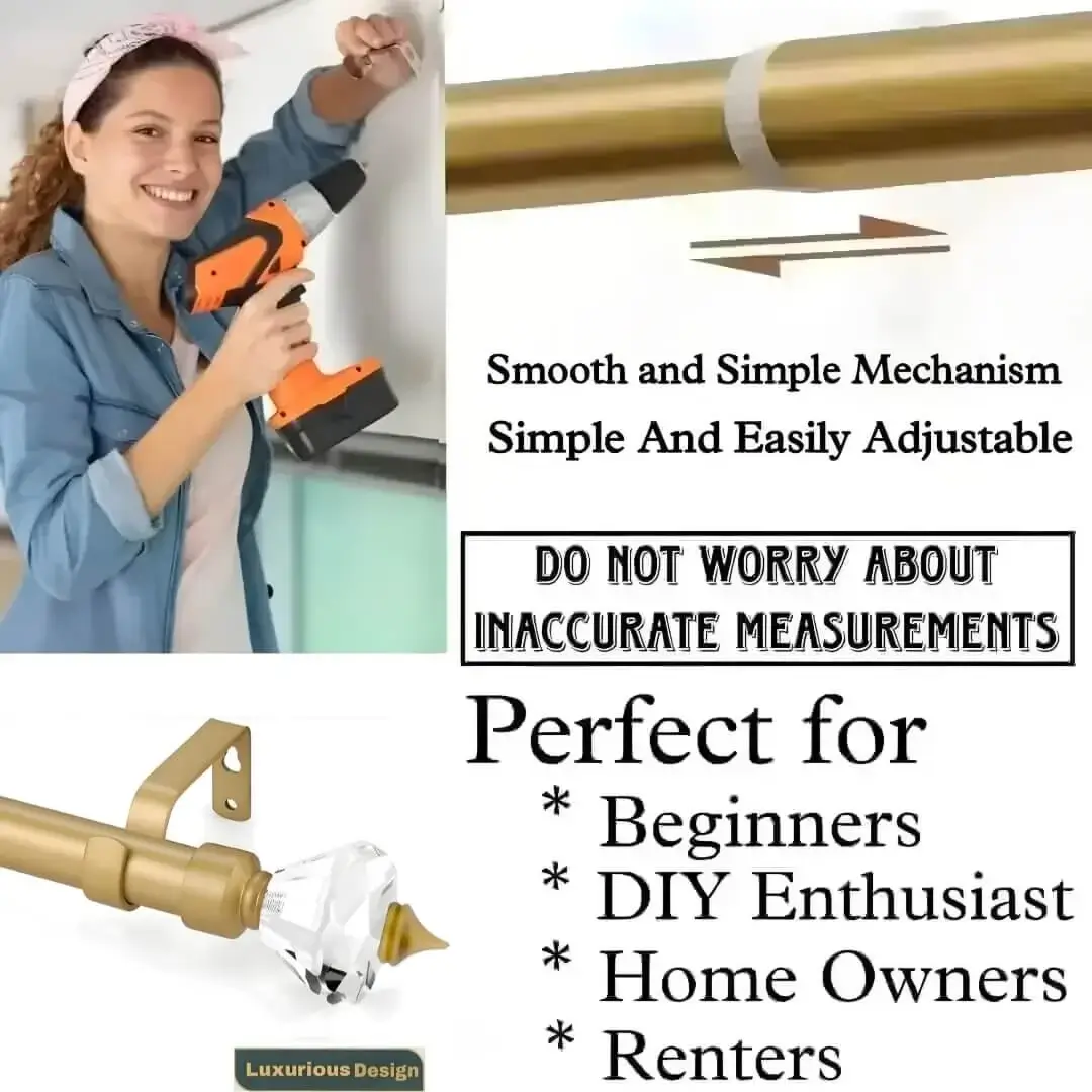 adjustable curtain rods adjustable curtain rods - showcase, DIY girl installing curtain rods with a drill—text highlights ‘Perfect for DIY enthusiasts, Apartments, renters, beginners, home owners !’ Features smooth telescoping rods, and easily adjustable design so you never worry about inaccurate measurements