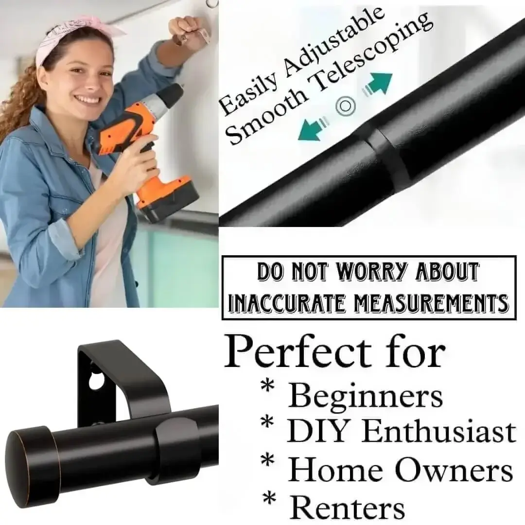 7 feet adjustable curtain pole 7 feet adjustable curtain pole - DIY girl installing curtain rods with a drill—text highlights ‘Perfect for beginners, DIY enthusiasts, homeowners and renters!’ Features smooth telescoping rods, and easily adjustable design so you never worry about inaccurate measurements