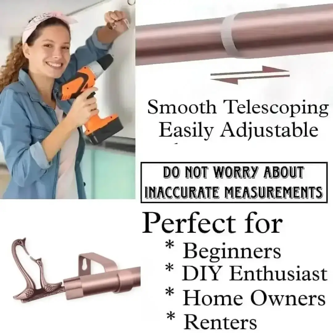 curtain rods for apartment homes DIY girl installing curtain rods with a drill—text highlights ‘Perfect for beginners, DIY enthusiasts, homeowners and renters!’ Features smooth telescoping rods, and easily adjustable design so you never worry about inaccurate measurements