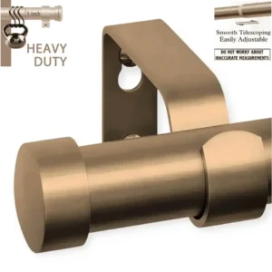 retractable curtain rod - Three images showcasing a heavy duty adjustable curtain rod set brown colour: 1) Main image is brown colour curtain rod, 2) Image with curtain rod holding heavy weight, text highlights '1 inch curtain rod, Heavy Duty – Holds 35 lbs with ease'; 3) Close-up of telescoping mechanism with 'Easily Adjustable, Smooth Telescoping and not to worry about inaccurate measurements' text;