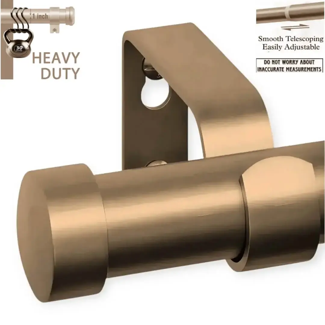 retractable curtain rod retractable curtain rod - Three images showcasing a heavy duty adjustable curtain rod set brown colour: 1) Main image is brown colour curtain rod, 2) Image with curtain rod holding heavy weight, text highlights '1 inch curtain rod, Heavy Duty – Holds 35 lbs with ease'; 3) Close-up of telescoping mechanism with 'Easily Adjustable, Smooth Telescoping and not to worry about inaccurate measurements' text;