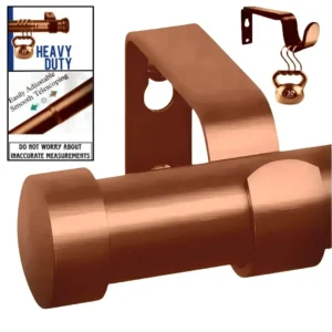 adjustable curtain rod copper finish - Four images showcasing a heavy duty adjustable curtain rod copper colour: 1) Main image is a copper colour curtain rod, 2) Image with curtain rod holding heavy weight, text highlights '1 inch curtain rod, Heavy Duty – Holds 35 lbs with ease'; 3) Close-up of telescoping mechanism with 'Easily Adjustable, Smooth Telescoping and not to worry about inaccurate measurements' text; 4) image is of curtain bracket holding heavy weight showcasing that the bracket is capable of holding heavy blackout curtains.