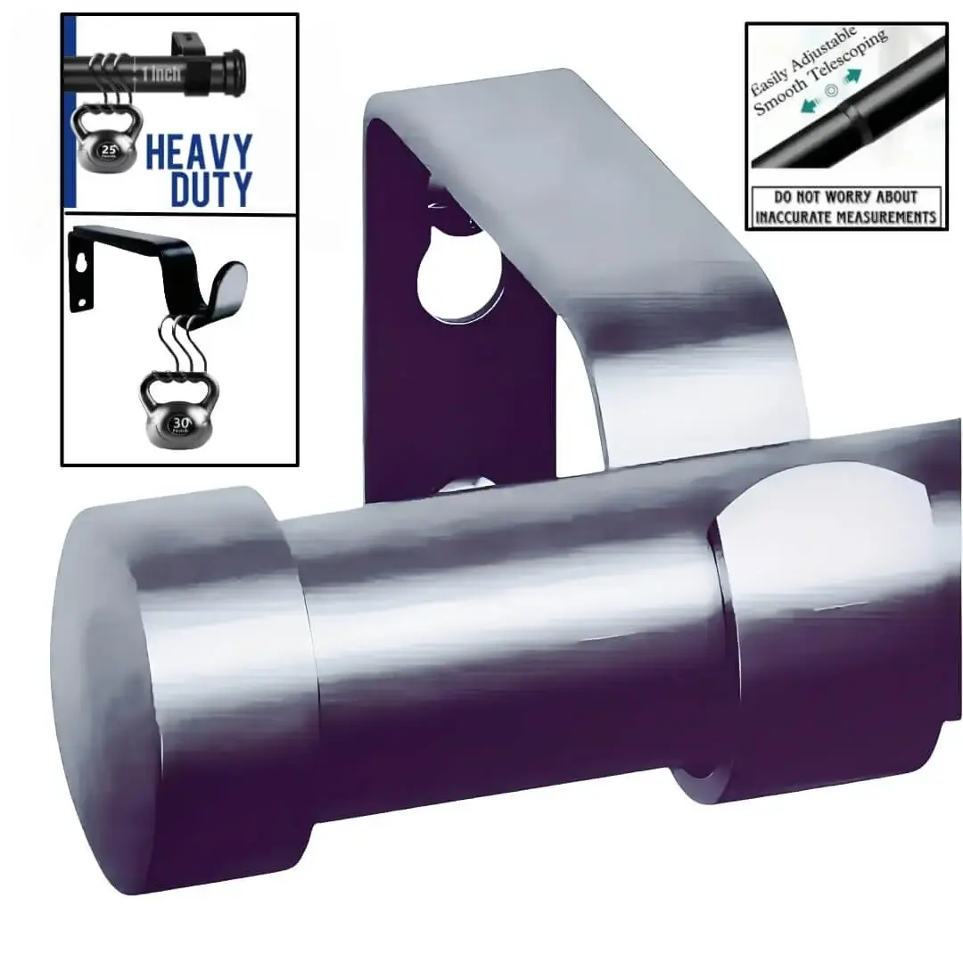 curtain rod with strong bracket curtain rod with strong bracket - Four images showcasing a heavy duty adjustable curtain rod: 1) Main image is grey finish curtain rod, 2) Image with curtain rod holding heavy weight, text highlights '1 inch curtain rod, Heavy Duty – Holds 35 lbs with ease'; 3) Close-up of telescoping mechanism with 'Easily Adjustable, Smooth Telescoping and not to worry about inaccurate measurements' text; 4) curtain bracket holding heavy weight showcasing that the bracket is capable of holding heavy blackout curtains.