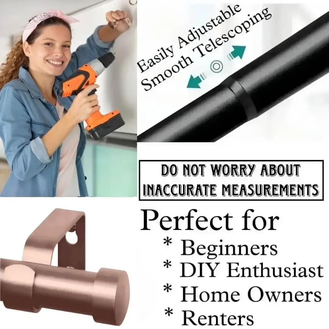 rose gold adjustable curtain rod rose gold adjustable curtain rod - DIY girl installing curtain rods with a drill—text highlights ‘Perfect for beginners, DIY enthusiasts, homeowners and renters!’ Features smooth telescoping rods, and easily adjustable design so you never worry about inaccurate measurements