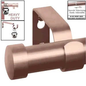 heavy duty extendable curtain rod - Four images showcasing a heavy duty adjustable curtain rod pink gold colour: 1) Main image is pink gold colour curtain rod, 2) Image with curtain rod holding heavy weight, text highlights '1 inch curtain rod, Heavy Duty – Holds 35 lbs with ease'; 3) Close-up of telescoping mechanism with 'Easily Adjustable, Smooth Telescoping and not to worry about inaccurate measurements' text; 4) image is of curtain bracket holding heavy weight showcasing that the bracket is capable of holding heavy blackout curtains.