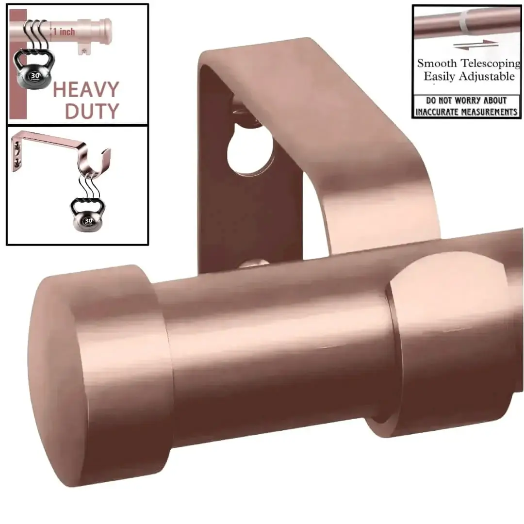 heavy duty extendable curtain rod heavy duty extendable curtain rod - Four images showcasing a heavy duty adjustable curtain rod pink gold colour: 1) Main image is pink gold colour curtain rod, 2) Image with curtain rod holding heavy weight, text highlights '1 inch curtain rod, Heavy Duty – Holds 35 lbs with ease'; 3) Close-up of telescoping mechanism with 'Easily Adjustable, Smooth Telescoping and not to worry about inaccurate measurements' text; 4) image is of curtain bracket holding heavy weight showcasing that the bracket is capable of holding heavy blackout curtains.