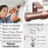 curtain pipe with brackets 120 inch curtain rod with center support - Three-panel showcase: (1) DIY girl installing a curtain rod with a drill, (2) elegant end cap curtain rod design rose gold colour, and (3) close-up of heavy-duty steel brackets. Overlay text highlights: ‘Easy to install, corrosion-proof steel, versatile styles, affordable pricing, lifetime support, and Texce—a trusted brand