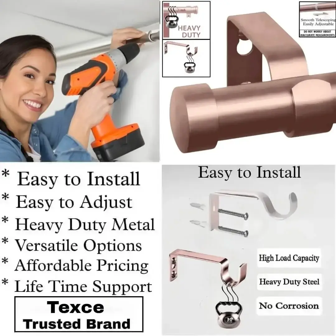 curtain pipe with brackets 120 inch curtain rod with center support - Three-panel showcase: (1) DIY girl installing a curtain rod with a drill, (2) elegant end cap curtain rod design rose gold colour, and (3) close-up of heavy-duty steel brackets. Overlay text highlights: ‘Easy to install, corrosion-proof steel, versatile styles, affordable pricing, lifetime support, and Texce—a trusted brand