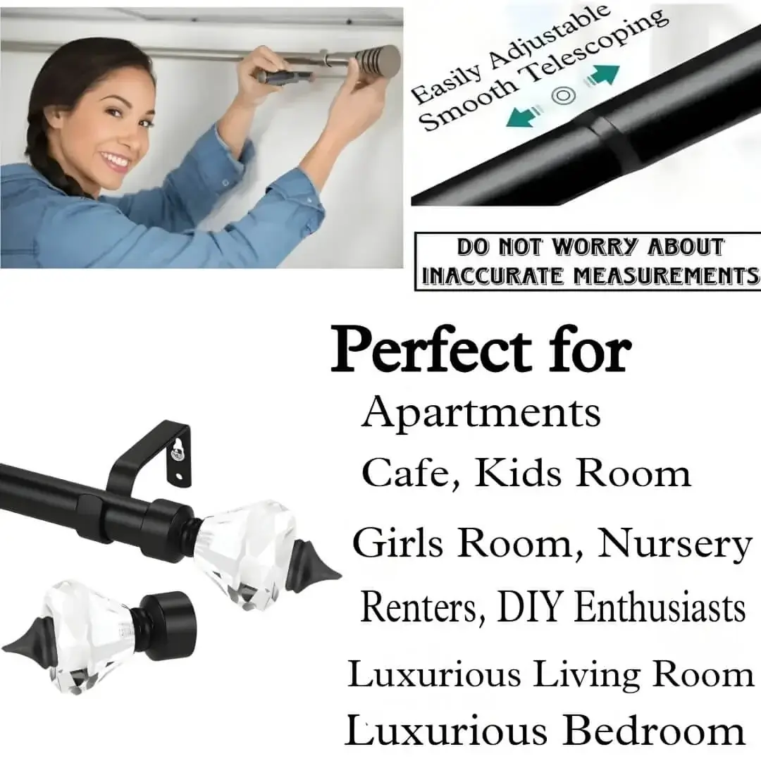 adjustable curtain pole adjustable curtain pole - DIY girl installing curtain rods with a drill—text highlights ‘Perfect for DIY enthusiasts, Apartments, renters, kids room, girls room, nursery, cafe, luxurious living room and bedroom!’ Features smooth telescoping rods, and easily adjustable design so you never worry about inaccurate measurements
