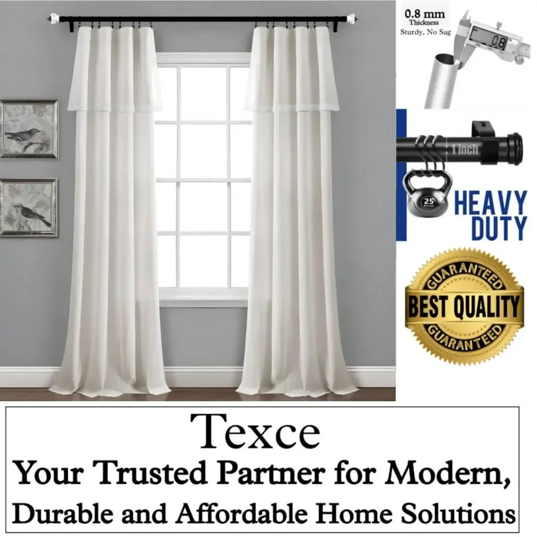 best adjustable curtain rods best adjustable rod for curtains - Four panel showcase: (1) Stylish living room with flowing white curtains on a 6 ft adjustable curtain rod with single seater and art, (2) Stress test proving no bend under heavy weights, (3) Close-up of 1-inch diameter and 0.8 mm thick sturdy pole (no sag), (4) Text overlay: 'Best quality guaranteed—Texce: modern, durable, affordable home décor solution.' Combines elegance and industrial strength
