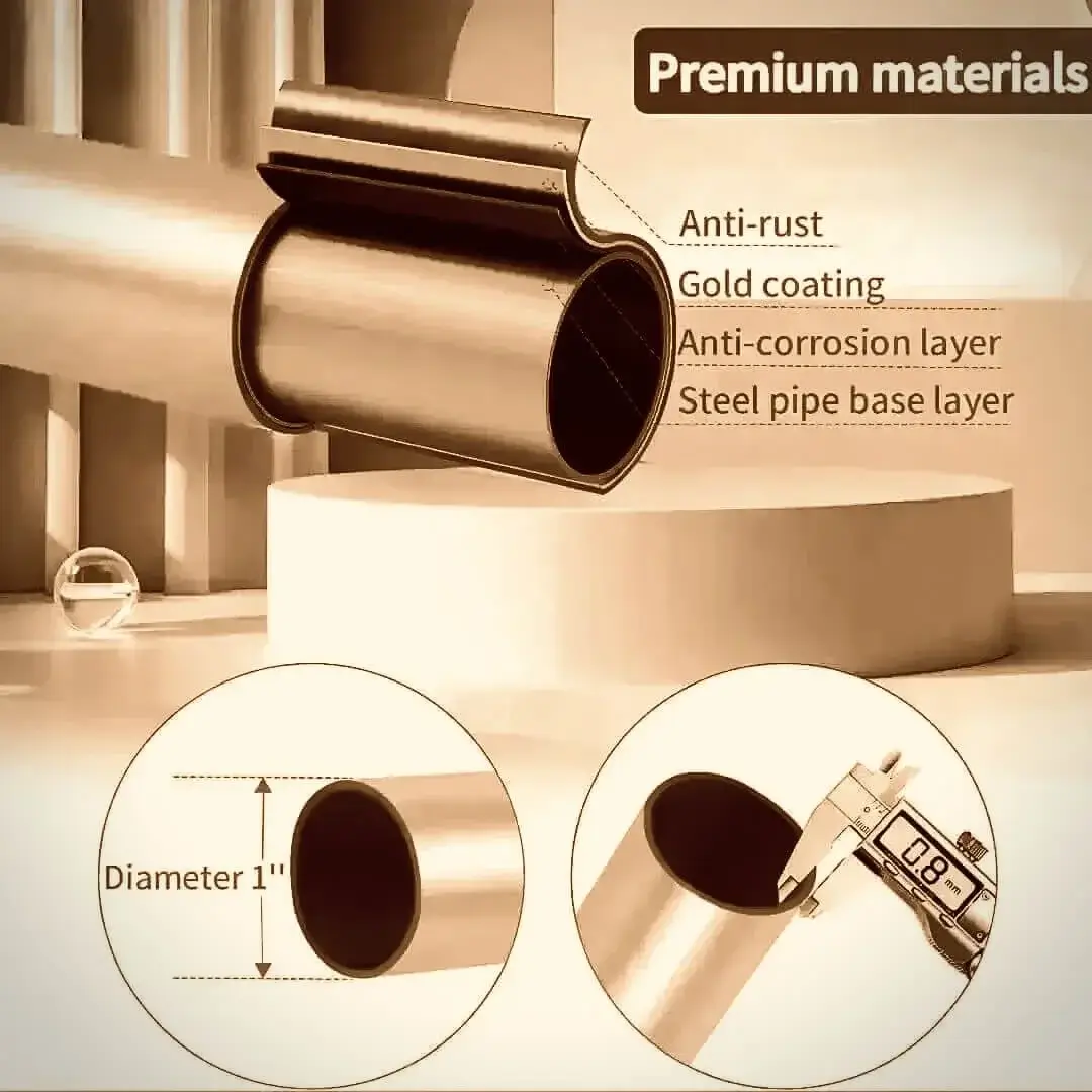 copper finish anti rust curtain pipe Close-up of copper curtain rod pole with highlighted text: 'Anti-rust coating, 0.8mm thickness, 1-inch diameter' - showcasing durable construction for long-lasting performance