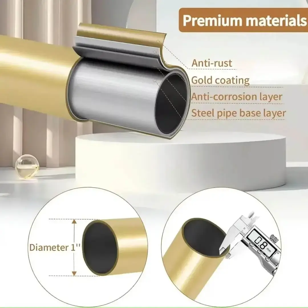 anti-rust-curtain-rods.webp rust proof curtain rod showcase, Close-up of curtain rod pole with highlighted text: 'Anti-rust coating, 0.8mm thickness, 1-inch diameter' - showcasing durable construction for long-lasting performance