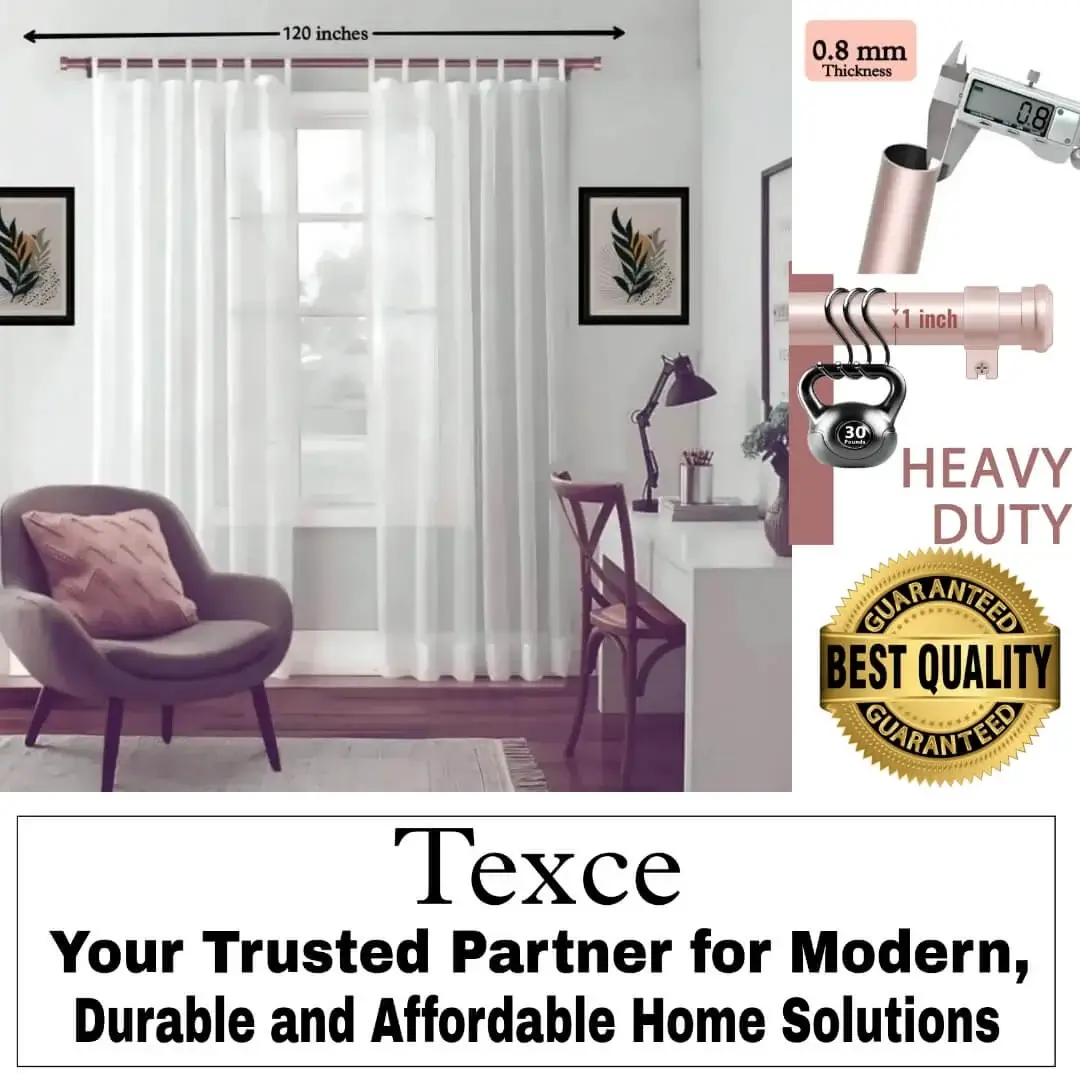 10 foot heavy duty curtain rod 10 foot heavy duty curtain rod - Four-panel pink gold colour curtain rod showcase: (1) Stylish living room with flowing curtains on a 120 inches pink gold finish curtain rod with single seater and art, (2) Stress test proving no bend under heavy weights, (3) Close-up of 1-inch diameter and 0.8 mm thick sturdy pole (no sag), (4) Text overlay: 'Best quality guaranteed—Texce: modern, durable, affordable home décor.' Combines elegance and industrial strength