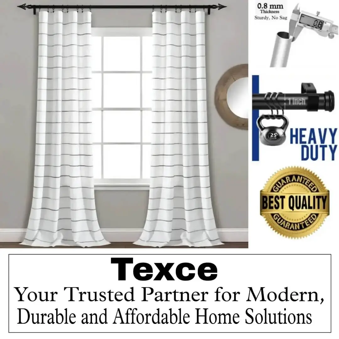 best adjustable curtain rods black best adjustable curtain rods black - Stylish flowing curtains on a window, hung from a heavy-duty 0.8mm thick curtain rod. Text overlay highlights: 'Best quality guaranteed - Texce, your trusted partner for modern, durable and affordable home solutions