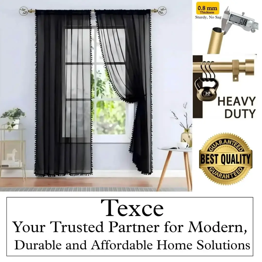 best antique brass finish curtain rod set best antique brass finish curtain rod set - Elegant black sheer curtains hanging on a heavy-duty antique curtain rod with bird motif finials. Overlay text highlights: ‘best quality guaranteed—Texce, your trusted partner for modern, durable, and affordable home décor solutions