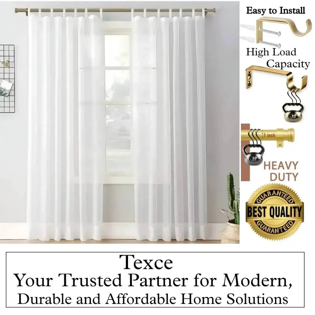 best extra long curtain rods best extra long curtain rods - Elegant white sheer curtains hanging from an extra long, heavy-duty gold curtain rod on a large window in a living room. Overlay text highlights: ‘Best quality guaranteed, easy to install, high load capacity, heavy duty 35 lbs —Texce, your trusted partner for modern, durable, and affordable home décor solutions'.