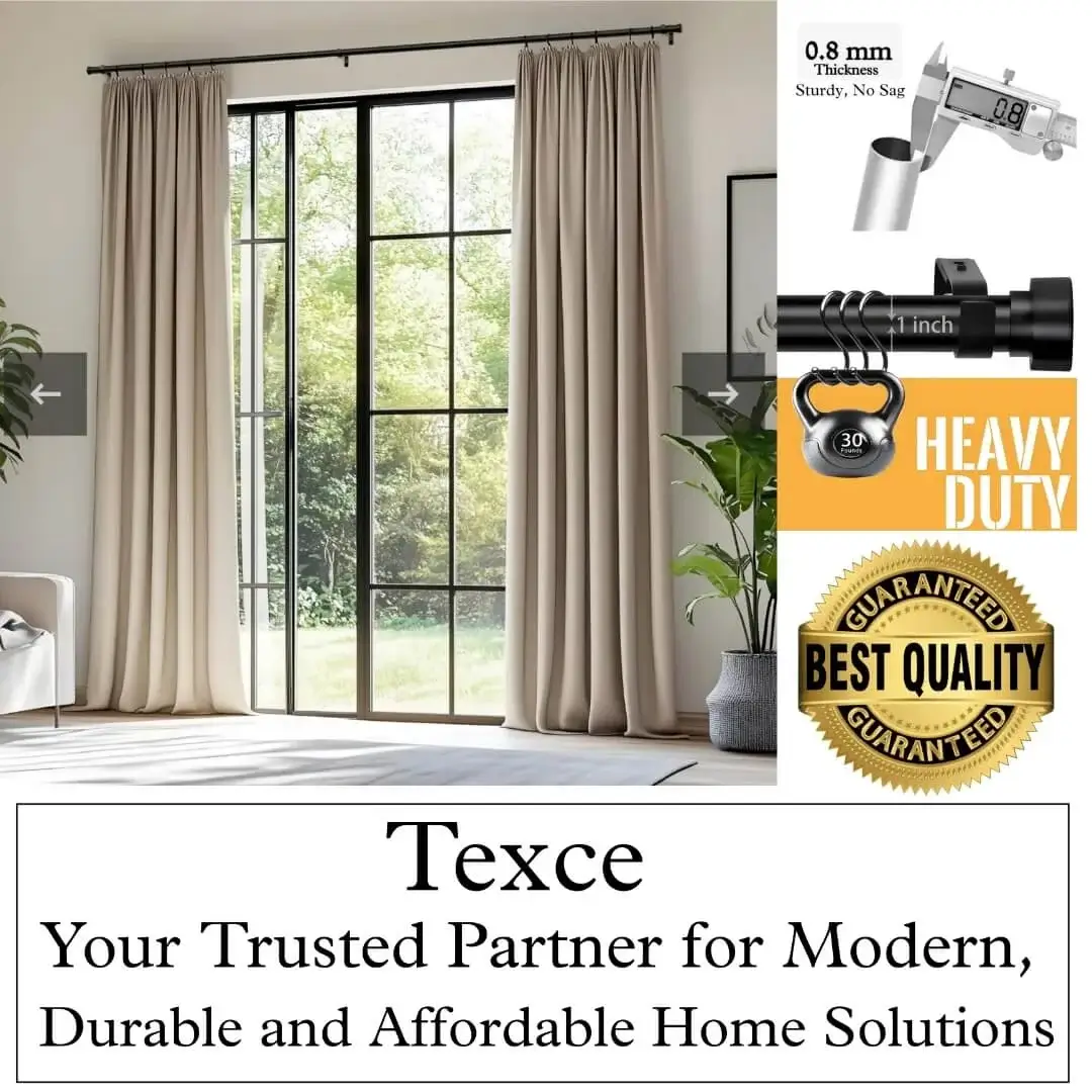 best black curtain rods best black curtain rods - Stylish living room with flowing curtains on a balcony door, hung from a heavy-duty 0.8mm thick curtain rod. Text overlay highlights: 'Best quality guaranteed - Texce, your trusted partner for modern, durable and affordable home solutions