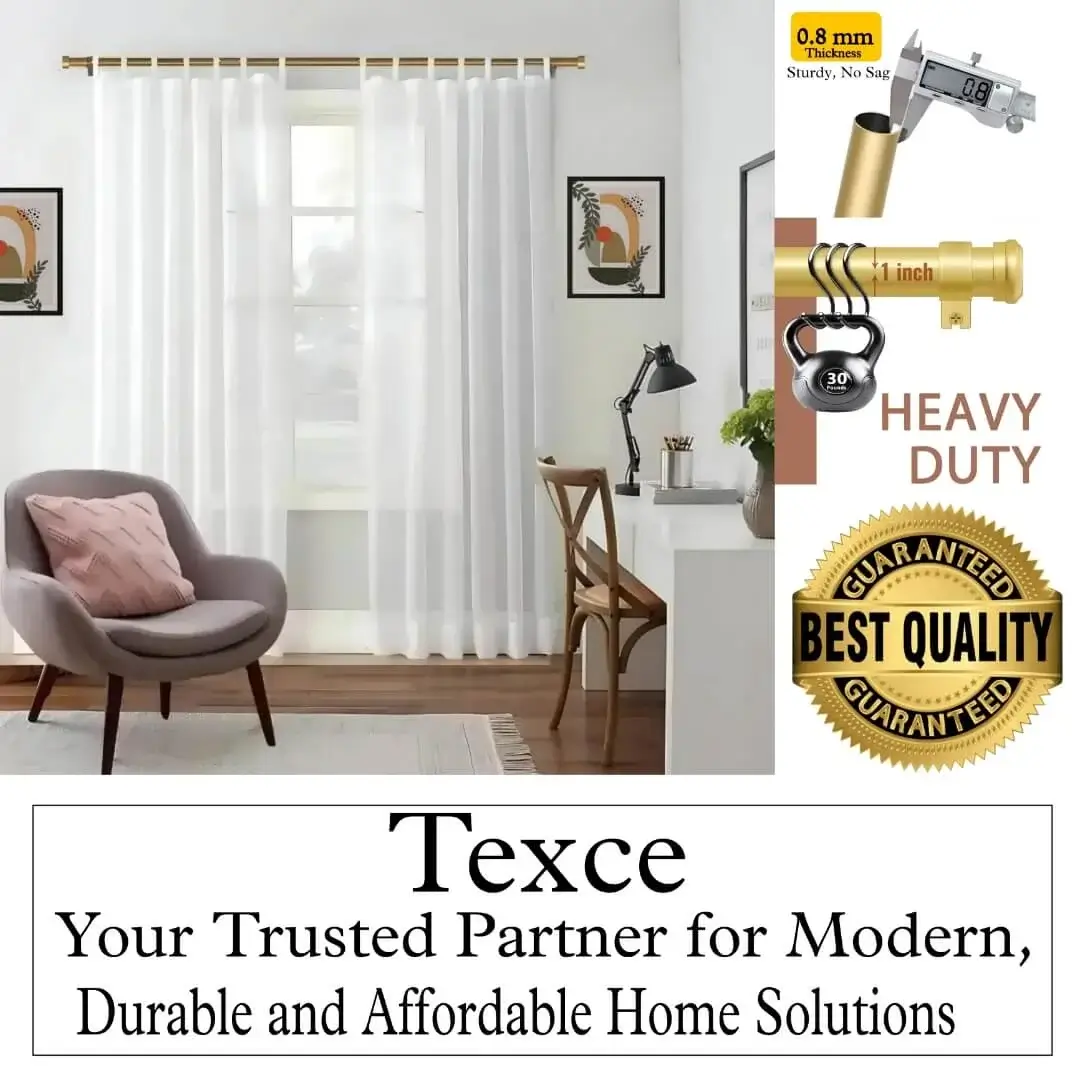 extra long curtain rods for living room extra long curtain rods for living room - Elegant white sheer curtains hanging from an extra long, heavy-duty gold curtain rod on a large window in a living room. Overlay text highlights: ‘Best quality guaranteed—Texce, your trusted partner for modern, durable, and affordable home décor solutions