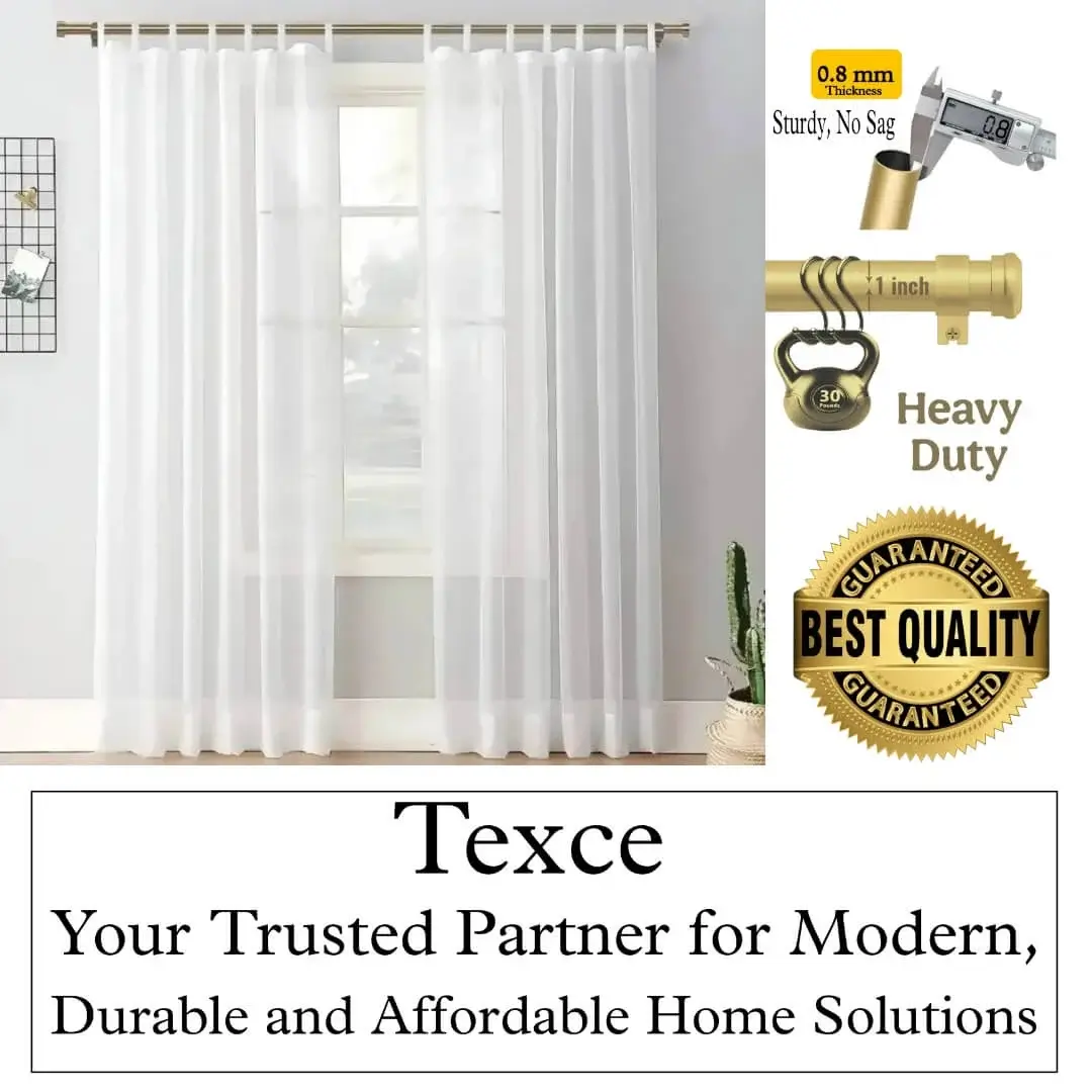 best curtain rod for small window best curtain rod for small window - Elegant white sheer curtains hanging on a gold curtain rod with end cap finials. Overlay text highlights: ‘best quality guaranteed—Texce, your trusted partner for modern, durable, and affordable home décor solutions