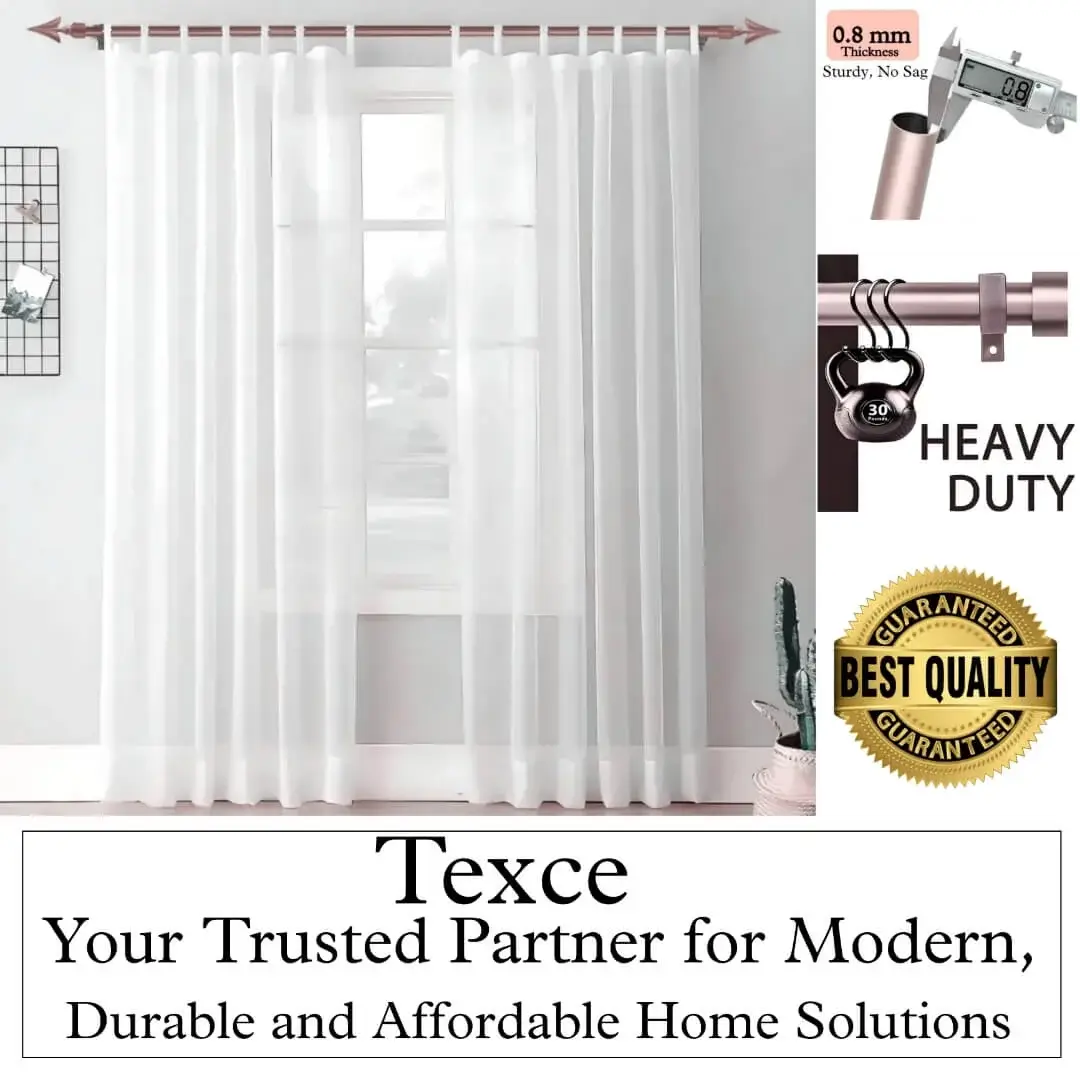 best rose gold curtain rod for living room best rose gold curtain rod for living room - Elegant white sheer curtains hanging on a gold curtain rod with end cap finials. Overlay text highlights: ‘best quality guaranteed—Texce, your trusted partner for modern, durable, and affordable home décor solutions