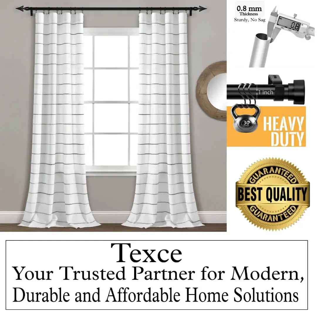 best curtain rods for window best curtain rods for window - Elegant floor-length curtains hanging on a matte black curtain rod which is heavy-duty and 0.8mm thick. Text overlay highlights: 'Best quality guaranteed - Texce, your trusted partner for modern, durable and affordable home solutions