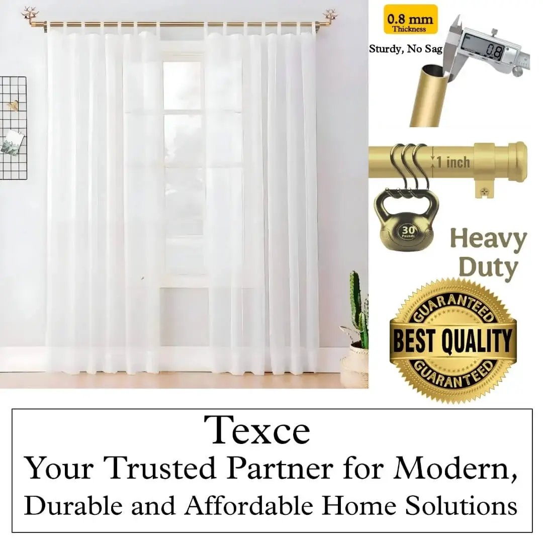 best adjustable gold curtain rod set best adjustable gold curtain rod set - Elegant white sheer curtains hanging on sturdy decorative curtain rod with bird finials. Text highlights: '0.8mm thickness, heavy duty construction - best quality guaranteed. Texce your trusted partner for modern, durable and affordable home solutions'