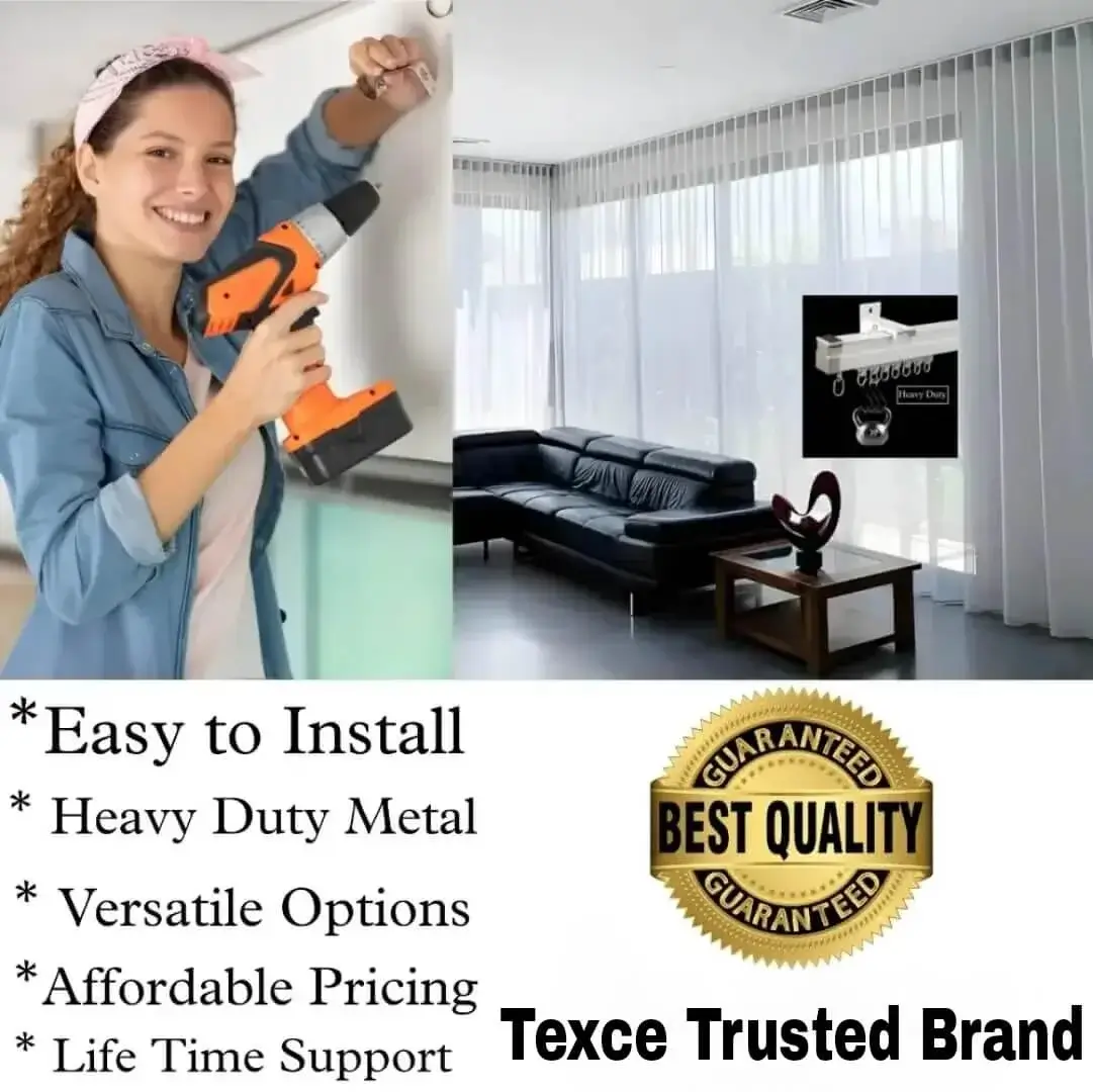 best curtain track Three-panel showcase: (1) DIY girl installing a curtain track with a drill, (2) elegant curtains hanging on curtain track in a living room creating an inviting ambiance and Overlay text highlights: ‘Easy to install, heavy duty metal, versatile styles, affordable pricing, lifetime support, and Texce—a trusted brand