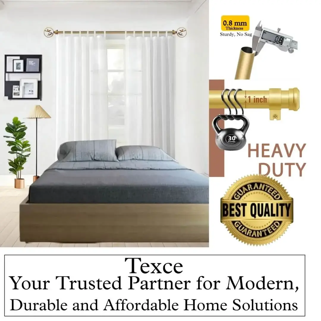 best antique gold curtain rod set best antique gold curtain rod set - Elegant white sheer curtains hanging on a gold curtain rod with bird finials in a bedroom. Overlay text highlights: ‘Premium quality guaranteed—Texce, your trusted partner for modern, durable, and affordable home décor solutions