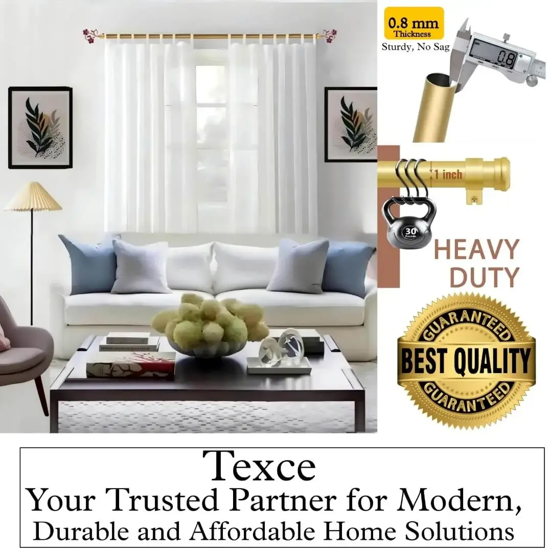best extension curtain rod set heavy duty best extension curtain rod set heavy duty - Four-panel luxury curtain rod showcase: (1) Stylish living room with flowing curtains on a curtain rod with sofa and art, (2) Stress test proving no bend under heavy weights, (3) Close-up of 1-inch diameter sturdy pole (no sag), (4) Text overlay: 'Best quality guaranteed—Texce: modern, durable, affordable home décor.' Combines elegance and industrial strength