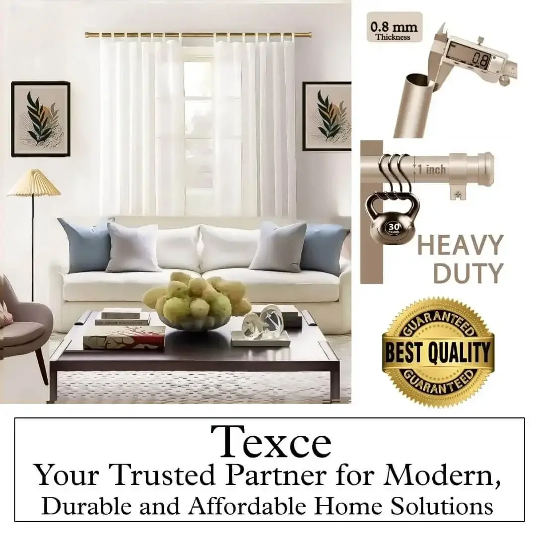 best modern curtain rods for living room best modern curtain rods for living room - Four-panel bronze colour living room curtain rod showcase: (1) Stylish living room with flowing curtains on a 84 inch bronze finish curtain rod with sofa and art, (2) Stress test proving no bend under heavy weights, (3) Close-up of 1-inch diameter sturdy pole (no sag), (4) Text overlay: 'Best quality guaranteed—Texce: modern, durable, affordable home décor.' Combines elegance and industrial strength