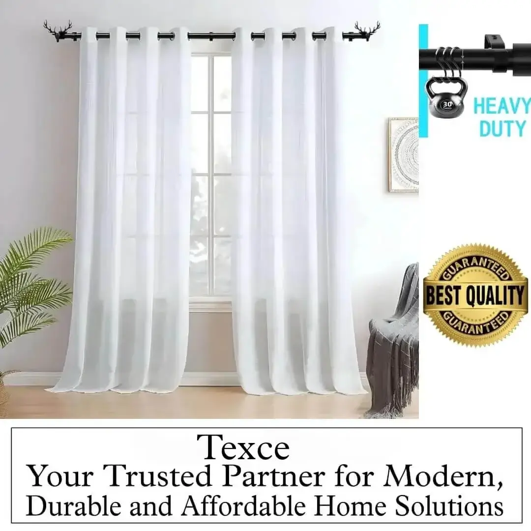 best curtain rods for bedroom best curtain rods for bedroom - Elegant white sheer curtains hanging on a heavy-duty black curtain rod with deer motif finials in a bedroom. Overlay text highlights: ‘Premium quality guaranteed—Texce, your trusted partner for modern, durable, and affordable home décor solutions.