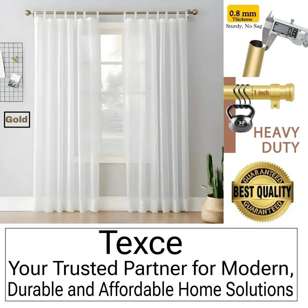 best extendable curtain rod best extendable curtain rod - Elegant white sheer curtains hanging on a gold curtain rod which is installed on a window in a living room. Overlay text highlights: ‘0.8mm thickness, 1-inch heavy duty construction, best quality guaranteed—Texce, your trusted partner for modern, durable, and affordable home décor solutions