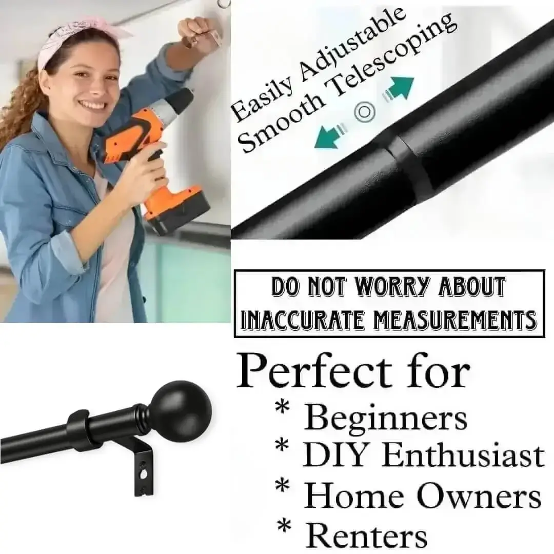 extendable curtain pole extendable curtain pole - DIY girl installing curtain rods with a drill—text highlights ‘Perfect for beginners, DIY enthusiasts, homeowners and renters!’ Features smooth telescoping rods, and easily adjustable design so you never worry about inaccurate measurements