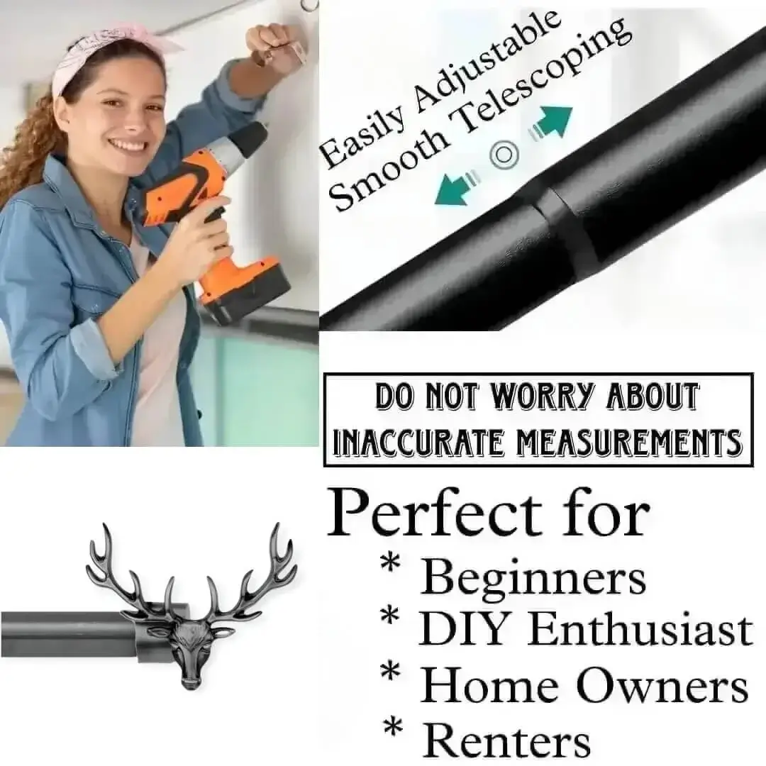 extendable curtain pole matt black extendable curtain pole matt black - DIY girl installing curtain brackets with a drill—text highlights ‘Perfect for beginners, DIY enthusiasts, homeowners and renters!’ Features smooth telescoping rods, and easily adjustable design so you never worry about inaccurate measurements