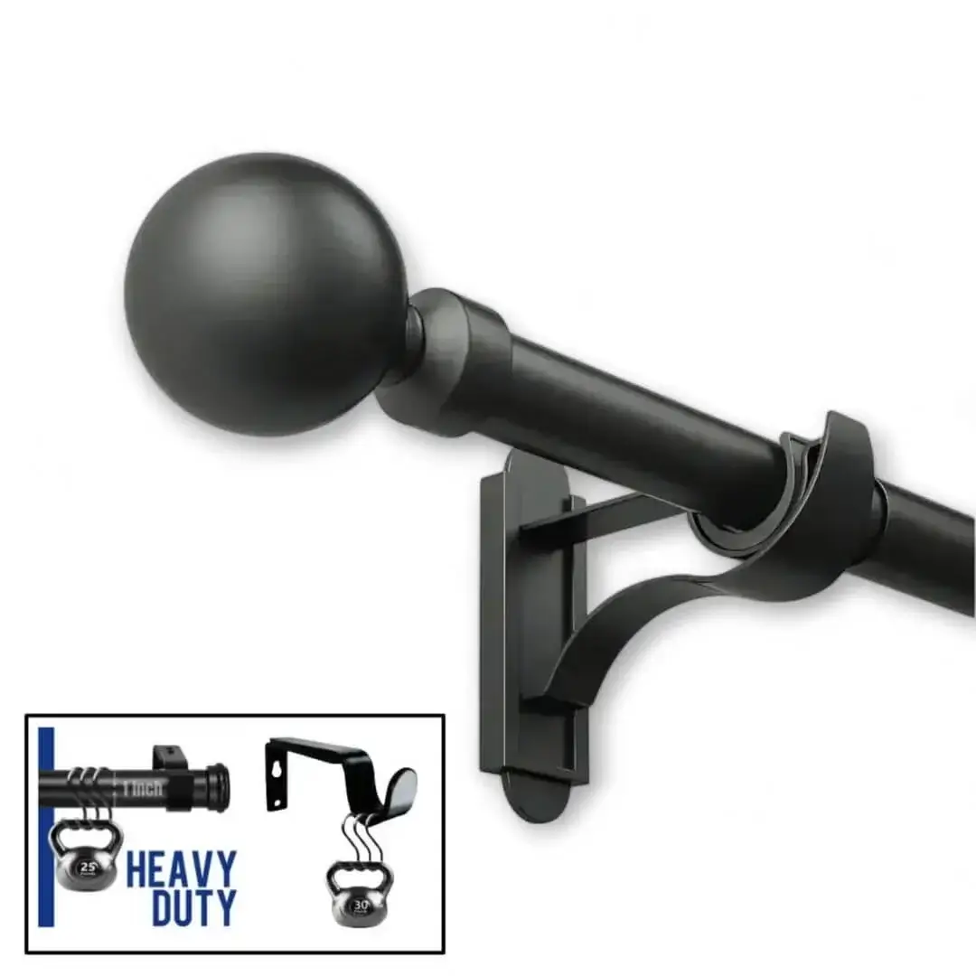 heavy duty black curtain rods heavy duty black curtain rods - Three-panel product showcase: (1) Main image of a sleek black curtain rod, (2) Close-up of the rod holding 25 lbs weight (no bending), and (3) Black bracket supporting 30 lbs—demonstrating heavy-duty, no-sag construction for long-lasting performance