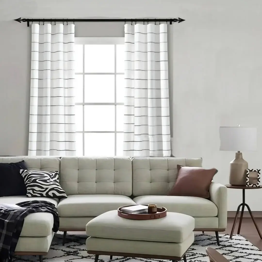black curtain rod set for room black curtain rod set for room - Stylish living room with flowing curtains on a black curtain rod, paired with a sofa set, center table and side lamp—creating a chic, inviting ambiance.