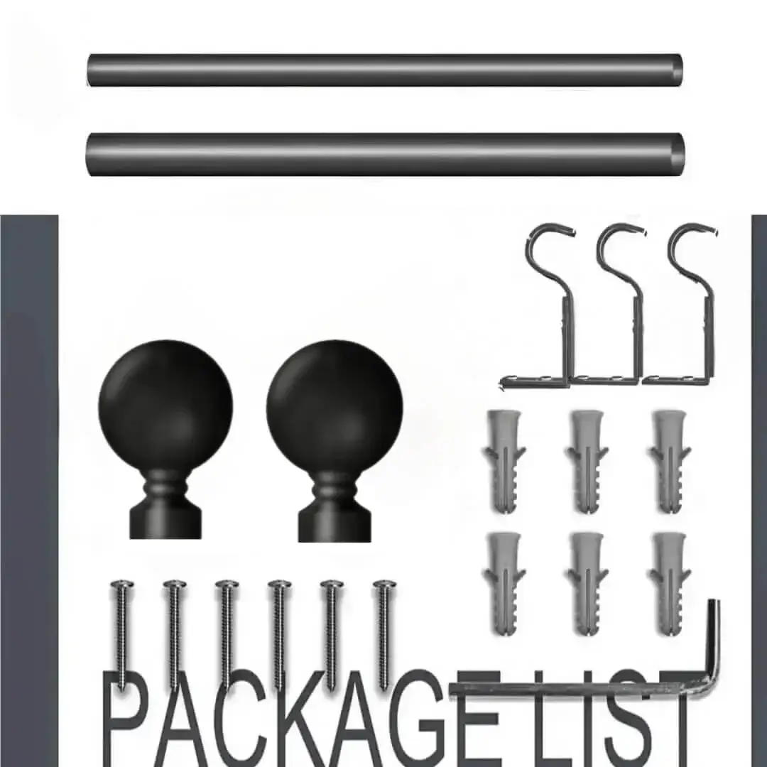 black curtain rod set black curtain rod set - Complete curtain rod set displayed with package contents: 2 decorative finials, 3 heavy-duty brackets, 2 adjustable rods, wall anchors, and screws. Text overlay highlights 'Package List'—everything needed for professional installation