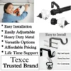 curtain rod with diamond ends curtain rod with crystal ends - Three-panel showcase: (1) DIY girl installing a curtain rod with a drill, (2) elegant black colour curtain rod with crystal ends, and (3) close up of heavy duty steel holder. Overlay text highlights: ‘Easy to install, easily adjustable, heavy duty metal, versatile option, affordable pricing, life time support, heavy load capacity, heavy duty steel, no corrosion and Texce—a trusted brand.