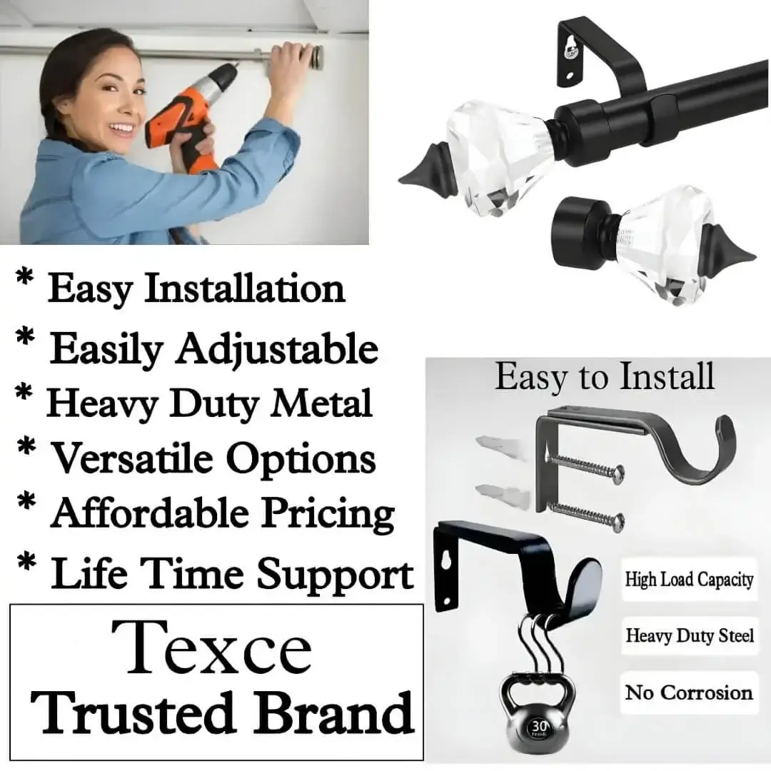 curtain rod with diamond ends curtain rod with crystal ends - Three-panel showcase: (1) DIY girl installing a curtain rod with a drill, (2) elegant black colour curtain rod with crystal ends, and (3) close up of heavy duty steel holder. Overlay text highlights: ‘Easy to install, easily adjustable, heavy duty metal, versatile option, affordable pricing, life time support, heavy load capacity, heavy duty steel, no corrosion and Texce—a trusted brand.