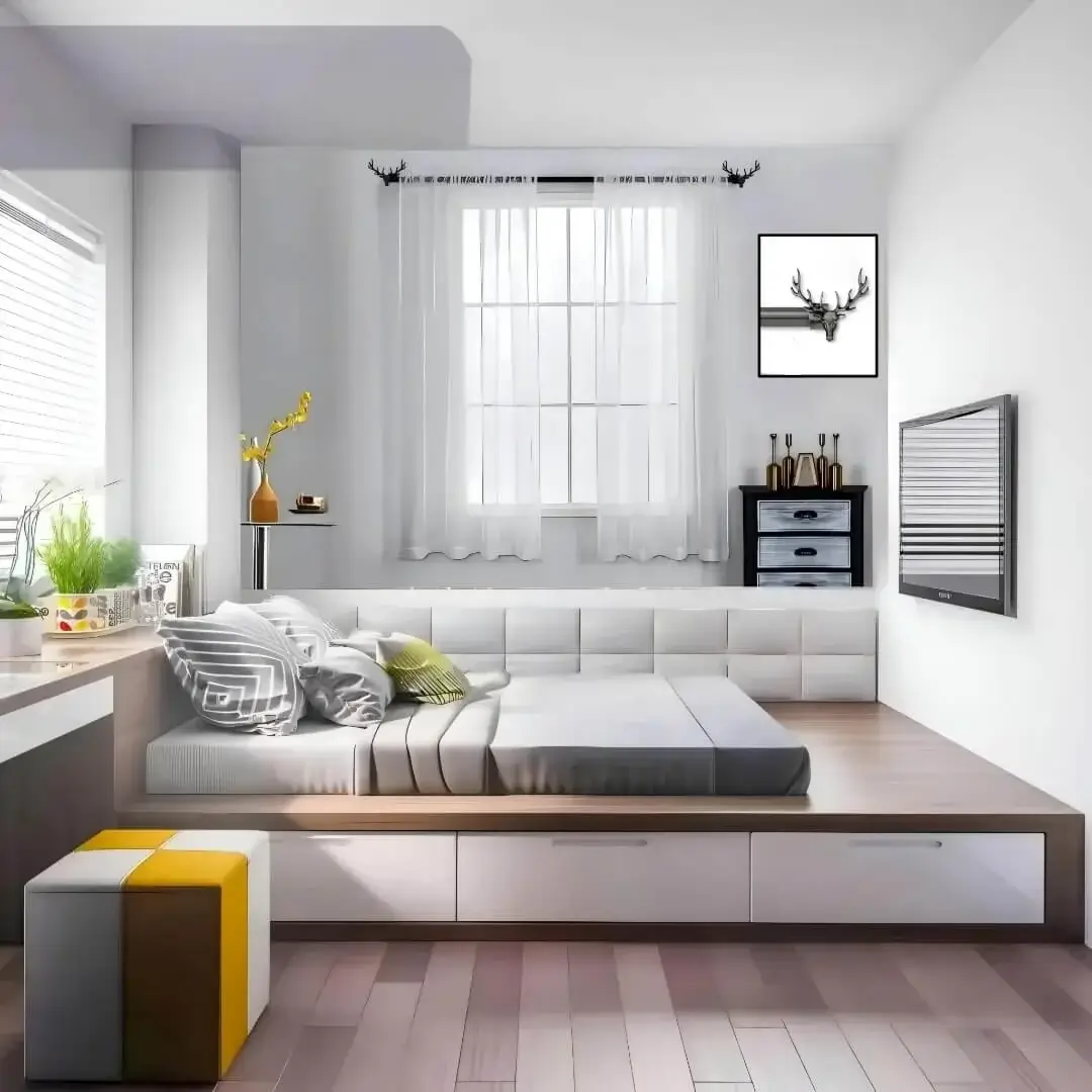 black curtain rods for bedroom black curtain rods for bedroom - Elegant white sheer curtains hanging from a heavy-duty black curtain rod with decorative deer motif finials, styled in a complete bedroom setting with a cot, side table, and wall art.