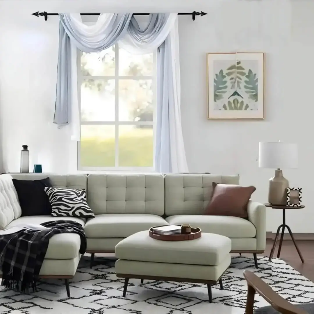 black curtain pole set for living room black curtain pole set for living room - Stylish living room with flowing valance curtains on a black curtain rod, paired with a sofa set, center table, wall art and side lamp—creating a chic, inviting ambiance.