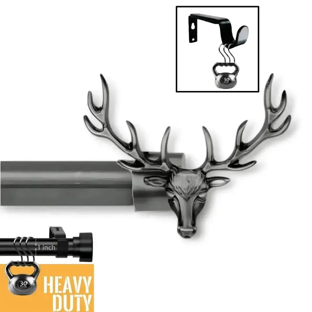 black curtain pole with brackets black curtain pole with brackets - Three-panel close-up: (1) Black curtain rod with an ornate deer motif finial (decorative detail), (2) the rod supporting heavy weights without bending—proving its dual rustic elegance and heavy-duty durability for long-term use, and (3) the curtain bracket holding a heavy weight showcasing its superior strength and capable of holding heavy blackout curtains with ease.